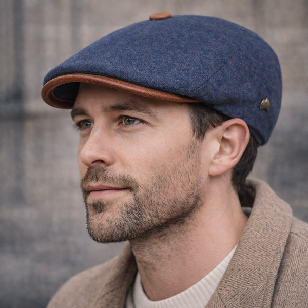 Casquette oxford laine vierge bleue visière gansée simili marron portée – Hats & Brothers