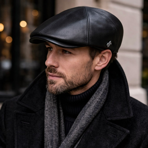 Casquette Broker en cuir de veau grainé noir portée