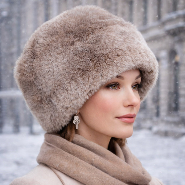 Toque femme marmotte portée en tenue d hiver élégante