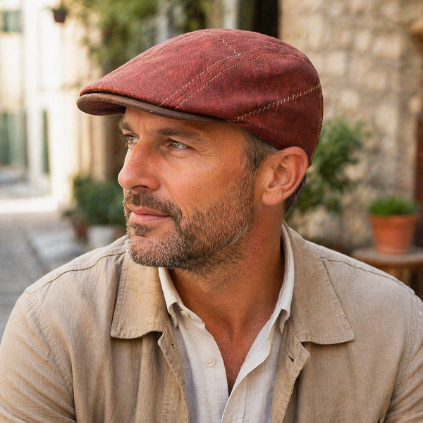 Casquette plate en lin bordeaux portée en style printemps été