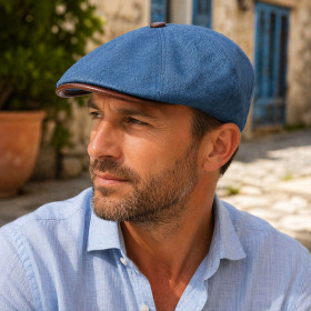 Béret Oxford en lin bleu porté en style printemps été