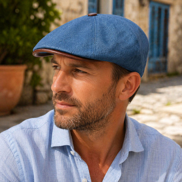 Béret Oxford en lin bleu porté en style printemps été