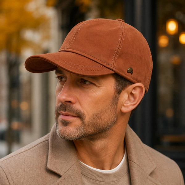 Casquette baseball cuir cognac portée en style automne élégant