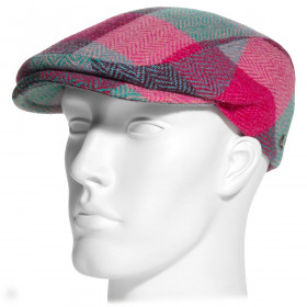 Casquette plate Harris Tweed patchwork rose turquoise portée