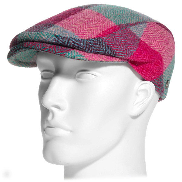 Casquette plate Harris Tweed patchwork rose turquoise portée