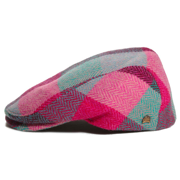 Casquette Harris Tweed patchwork rose turquoise vue de profil