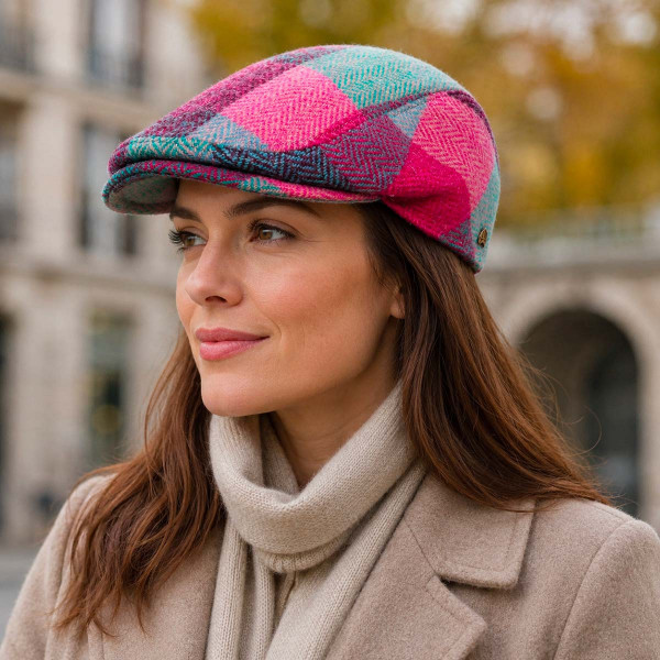 Casquette plate patchwork rose turquoise portée par une femme