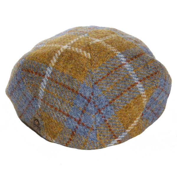 Vue arrière de la casquette Harris Tweed moutarde bleu