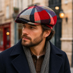 Casquette gavroche en laine vierge multicolore portée par un homme en style urbain élégant