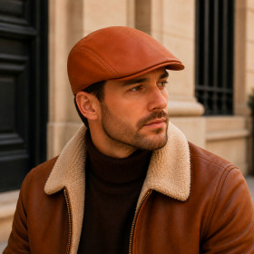 Casquette Daffy en cuir cognac portée par un homme dans un style urbain élégant