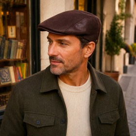 Homme portant une casquette plate Hats & Brothers en simili cuir marron.