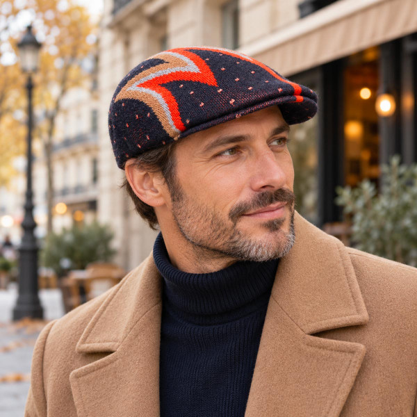 Homme portant une casquette plate Kangol Shock Wave 507 bleu foncé