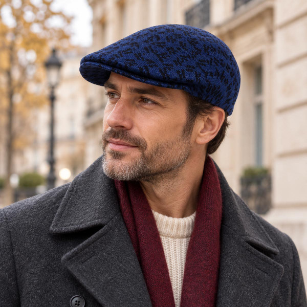Homme portant une casquette plate Kangol Square K 507 bleu marine