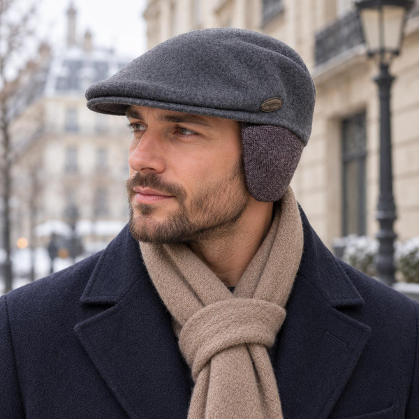 Homme portant la casquette plate Kangol Wool 504 Earlap anthracite avec cache-oreilles abaissés