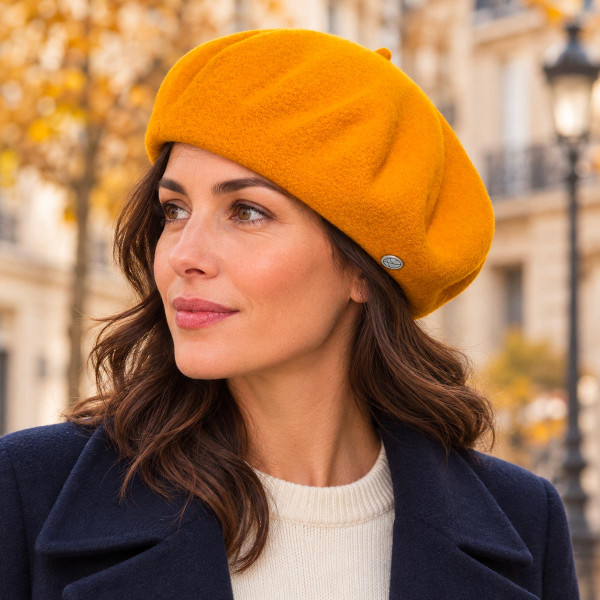 Femme portant le béret Laulhère Authentique jaune safran en laine mérinos