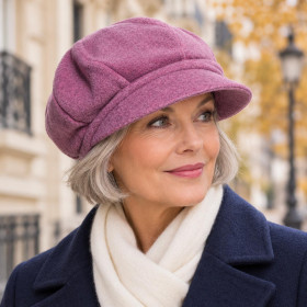 Femme portant une casquette gavroche Taffta Elorine en polaire parme.