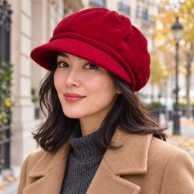 Femme portant une casquette gavroche Taffta Elorine en polaire rouge foncé.