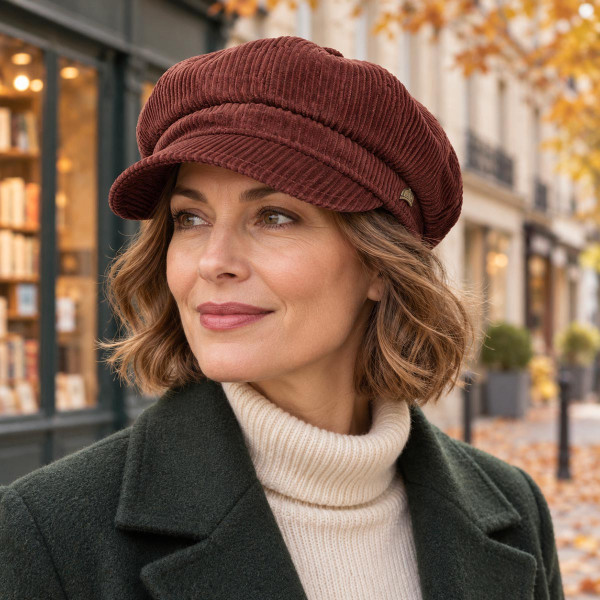 Casquette gavroche femme en velours brique portée – Hats & Brothers
