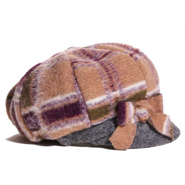 Casquette gavroche femme en laine camel et prune avec nœud latéral
