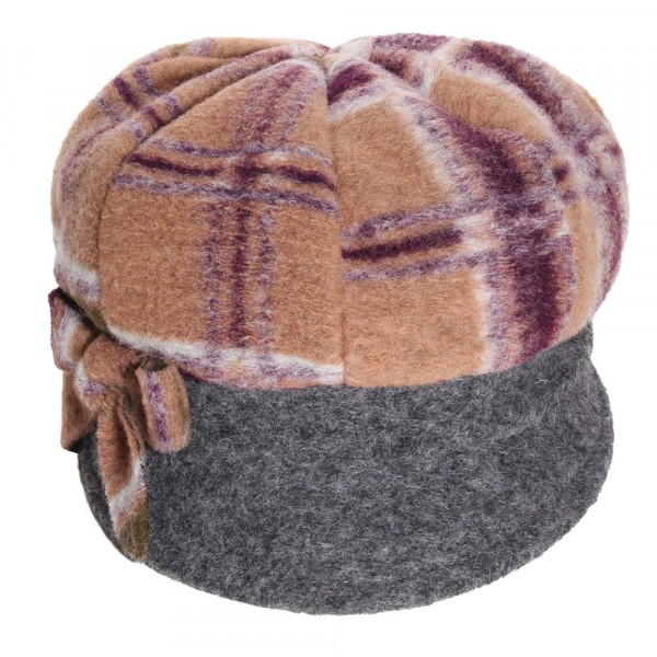 Casquette gavroche femme en laine camel et prune portée
