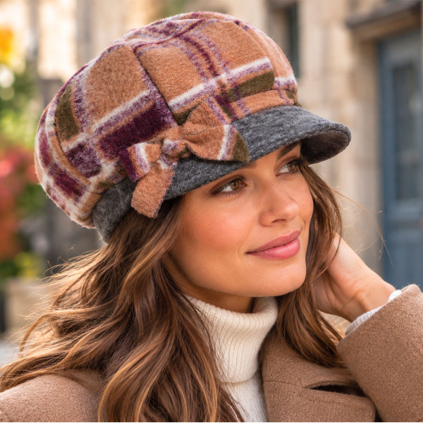 Casquette gavroche femme en laine camel et prune portée en style automne élégant
