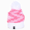 bonnet pompon laine blanche et rose