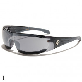 lunette de soleil avec logo croix de Malte monture noir et grise