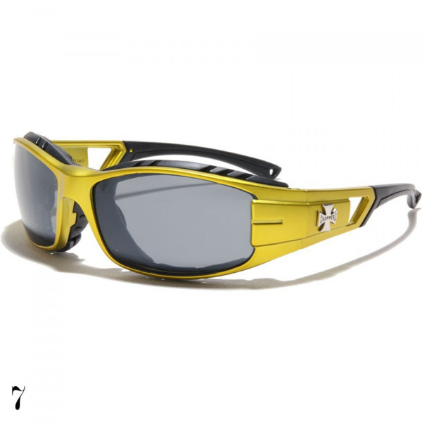 lunette de soleil vision grise monture jaune et logo croix de Malte