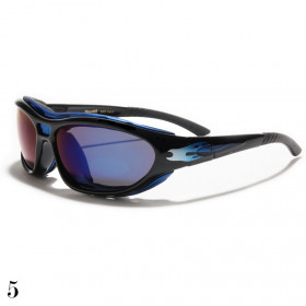 lunettes de soleil verre miroir bleuté vision grise monture noir et bleu