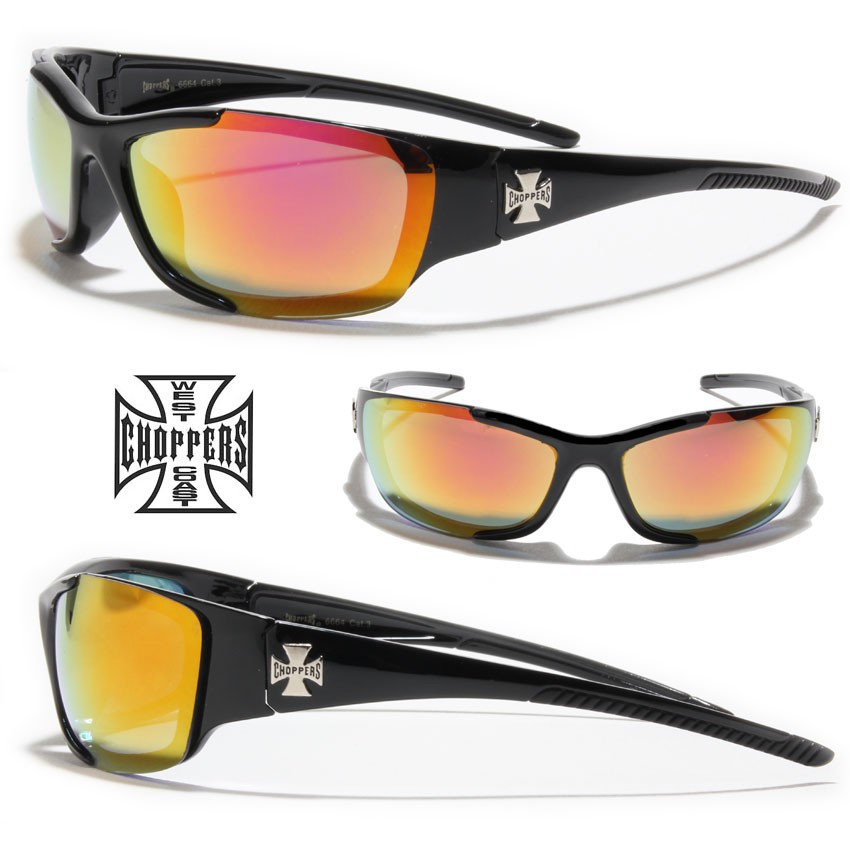 Lunettes De Soleil Motard Choppers - Cadre Noir Brillant, Verres Miroir Fumé - Protection UV400 - Taille Adulte Unique - Neuf Avec étiquettes