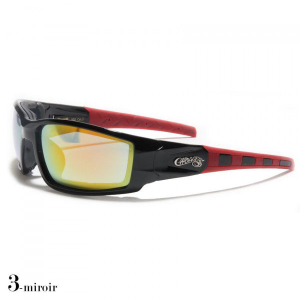 lunettes de soleil verre coloré vision bleu monture noir et rouge