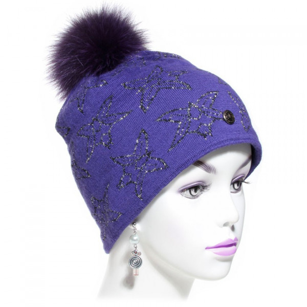 Bonnet pompon laine brodé coloris mauve