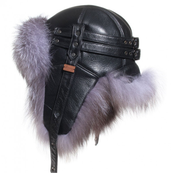 chapka en cuir noir et fourrure de renard argenté