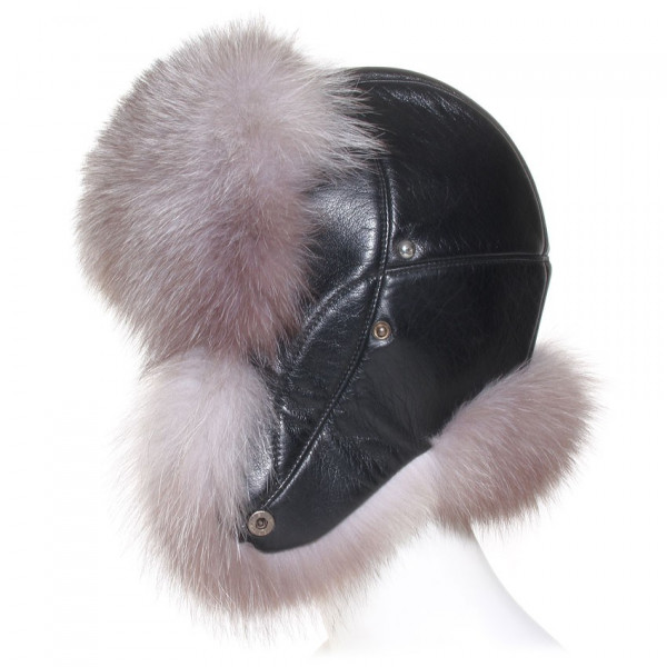 chapka femme en cuir et fourrure de renard argenté
