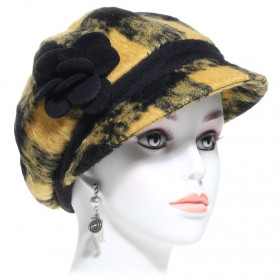 casquette gavroche femme laine carreaux noir et moutarde