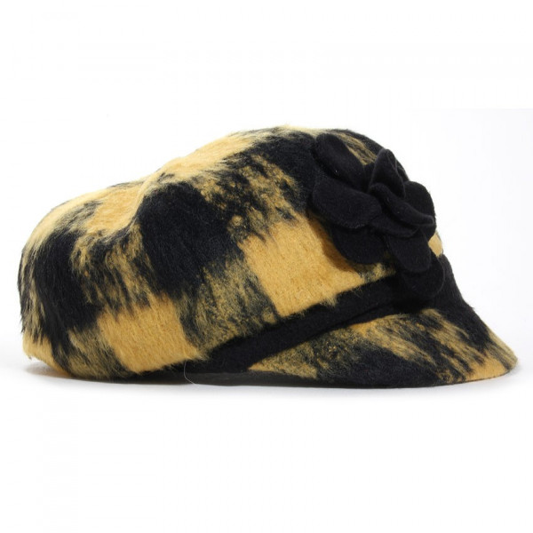 casquette gavroche femme laine carreaux noir et moutarde