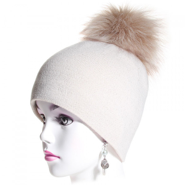 bonnet pompon maille fine coloris beige