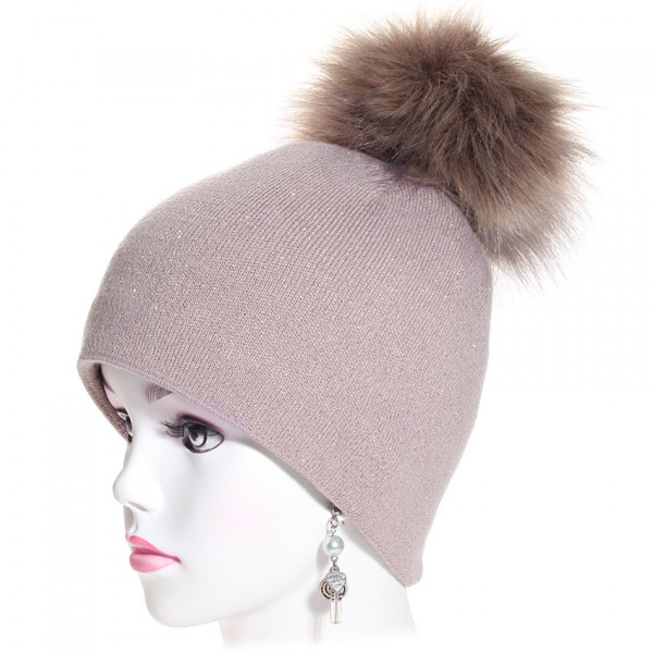 bonnet pompon maille fine pailletée coloris taupe