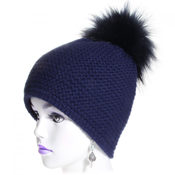 bonnet pompon point mousse marine