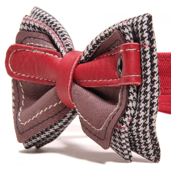 Nœud papillon pied de poule et cuir marron et cerise