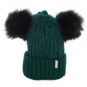 bonnet femme double pompon vert