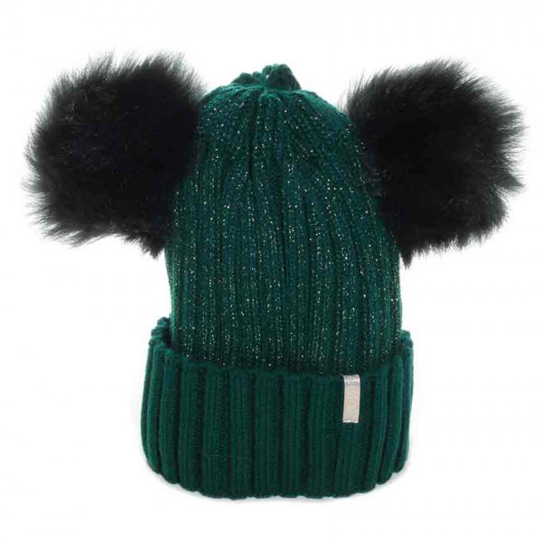 bonnet femme double pompon vert