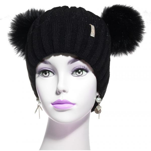 Bonnet Hiver avec pompon doublé satin Noir