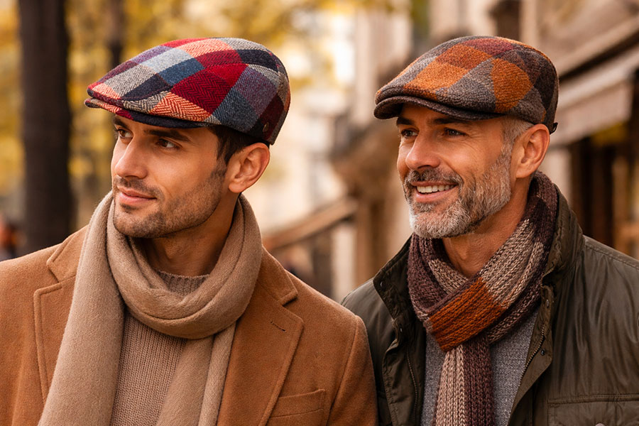 Casquettes anglaises homme à carreaux portées dans un style britannique élégant