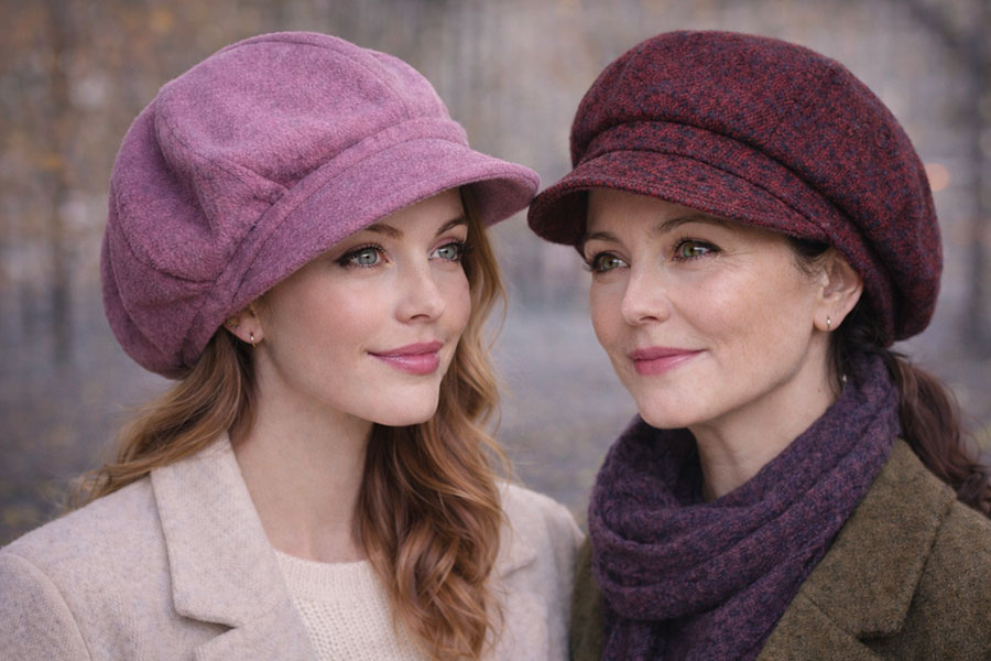 Casquette femme gavroche en laine portée en automne dans un style élégant