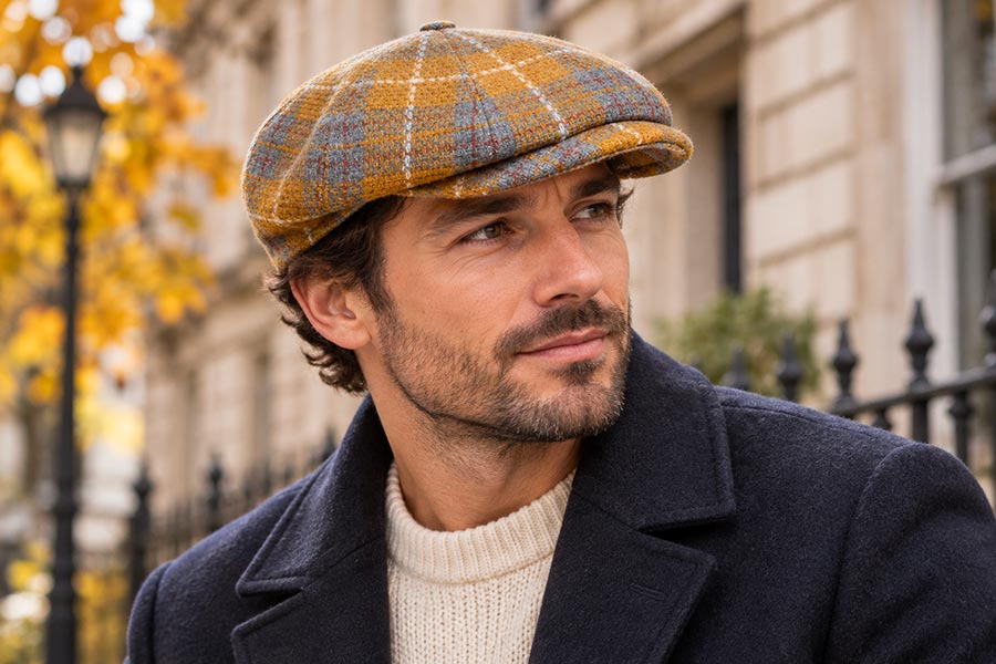 Homme portant une casquette gavroche anglaise ocre et grise