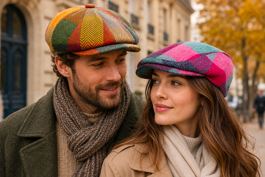 Casquettes Harris Tweed patchwork portées par un homme et une femme en automne