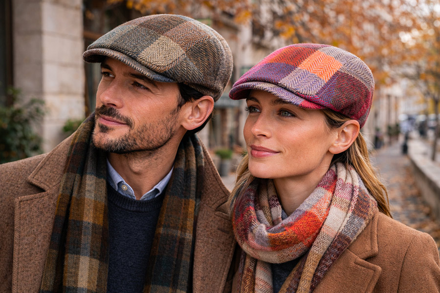 Casquettes Harris Tweed homme et femme portées dans un style élégant en automne