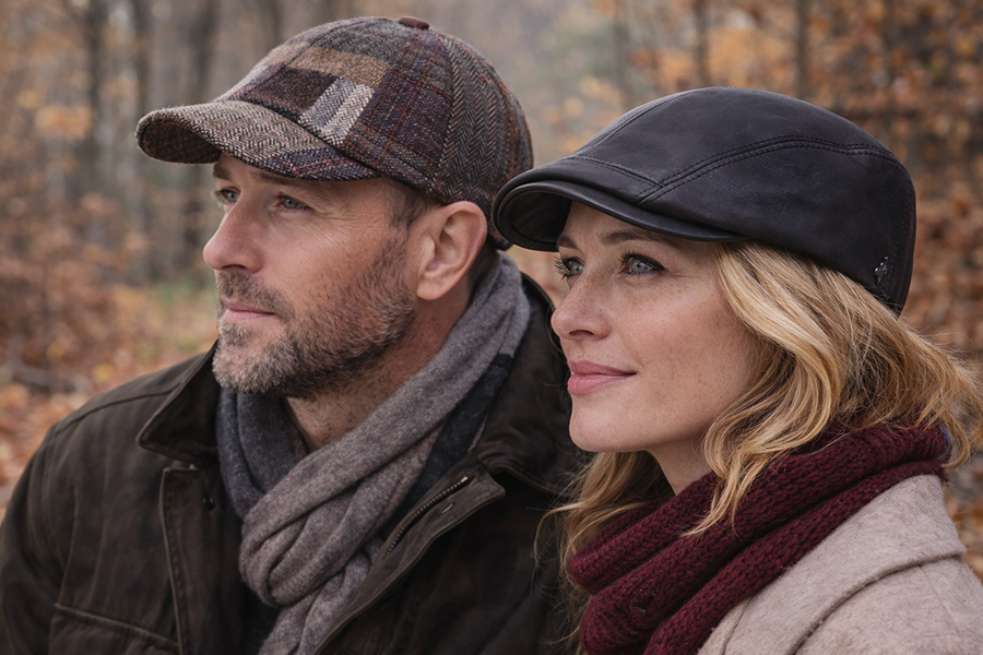 Casquette hiver homme et femme en laine et cuir portée en extérieur par temps froid