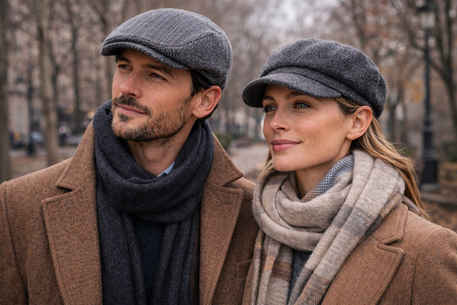 Casquettes en laine homme et femme portées en hiver dans un style élégant